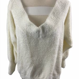 CHELSEA28 White Super Soft Teddy Off The Shoulder V Neck Sweater (XL)